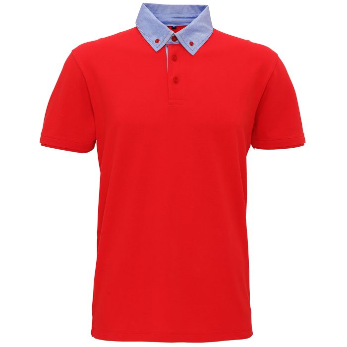 Men's chambray button-down collar polo - Red/Denim - S Men's chambray button-down collar polo - Red/Denim - S