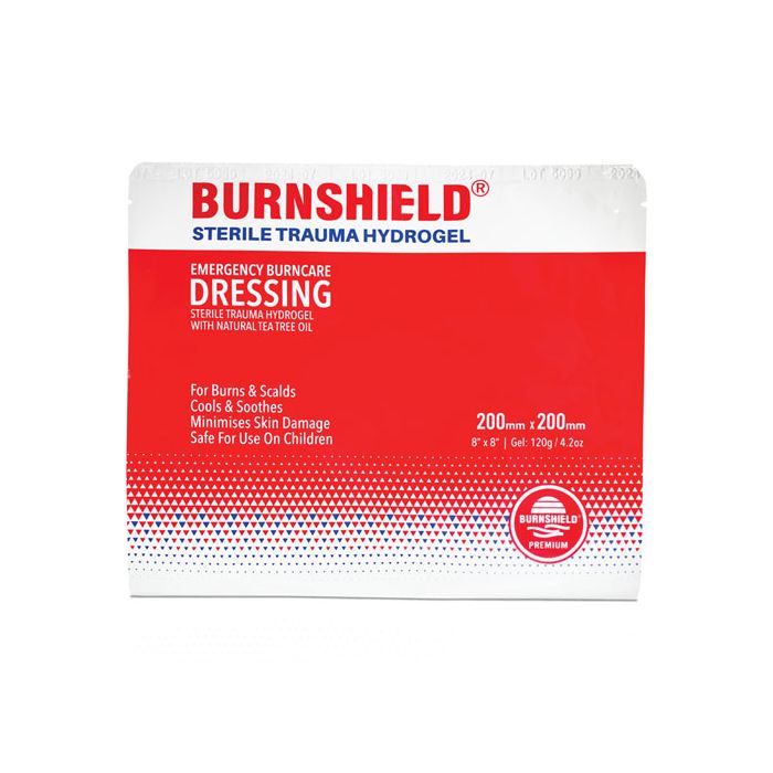 BURNSHIELD STERILE TRAUMA HYDROGEL 200 X 200MM DRESSING - White/Red BURNSHIELD STERILE TRAUMA HYDROGEL 200 X 200MM DRESSING - White/Red