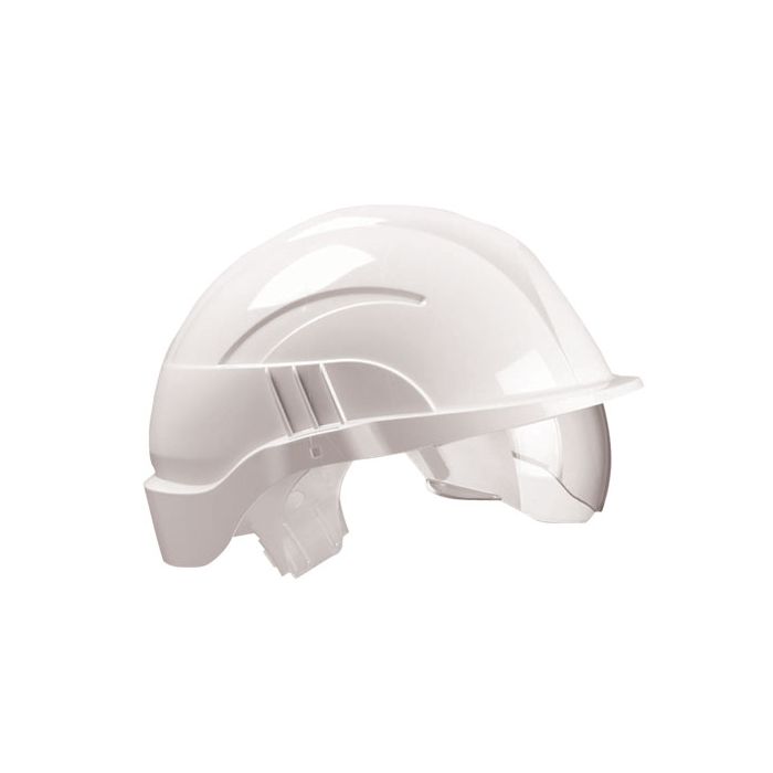 VISION PLUS SAFETY HELMET WHITE C/W INTEGRATED VISOR - White VISION PLUS SAFETY HELMET WHITE C/W INTEGRATED VISOR - White
